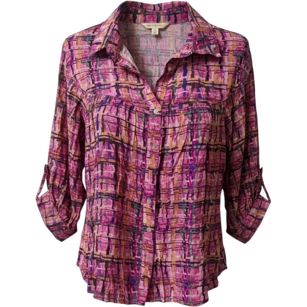 Entro Pink Purple Abstract Plaid Button Down Pleated Rayon Top T21142 Small